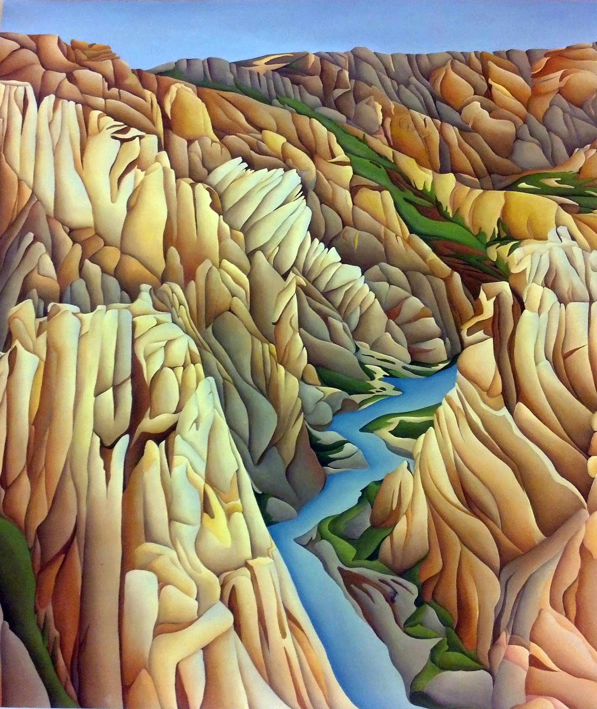 Painting landscape of a river running between rocky canyons.